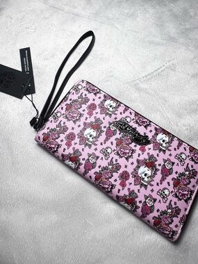 Ed Hardy Pink Floral & Skull Zip Wallet Wristlet